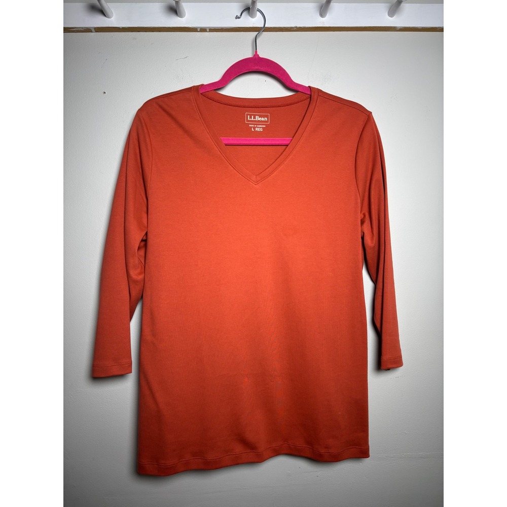 L.L.Bean 100% Cotton V Neck 3/4 Sleeve Top Large Burnt Orange Fall